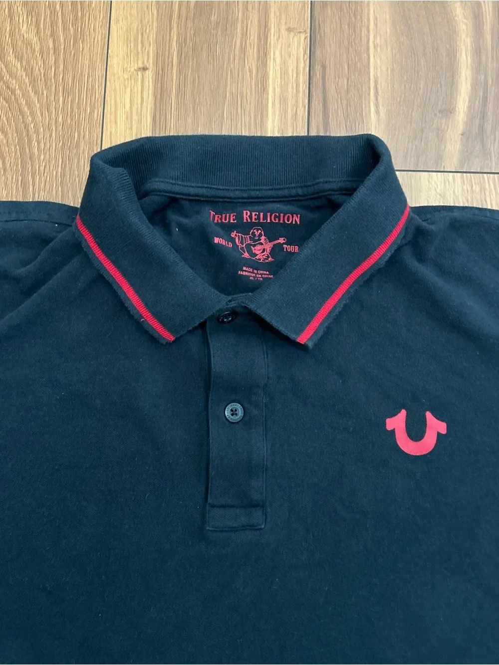True Religion Polo Shirt Men Black Red Logo Short Sleeve Crafted With Pride/XL